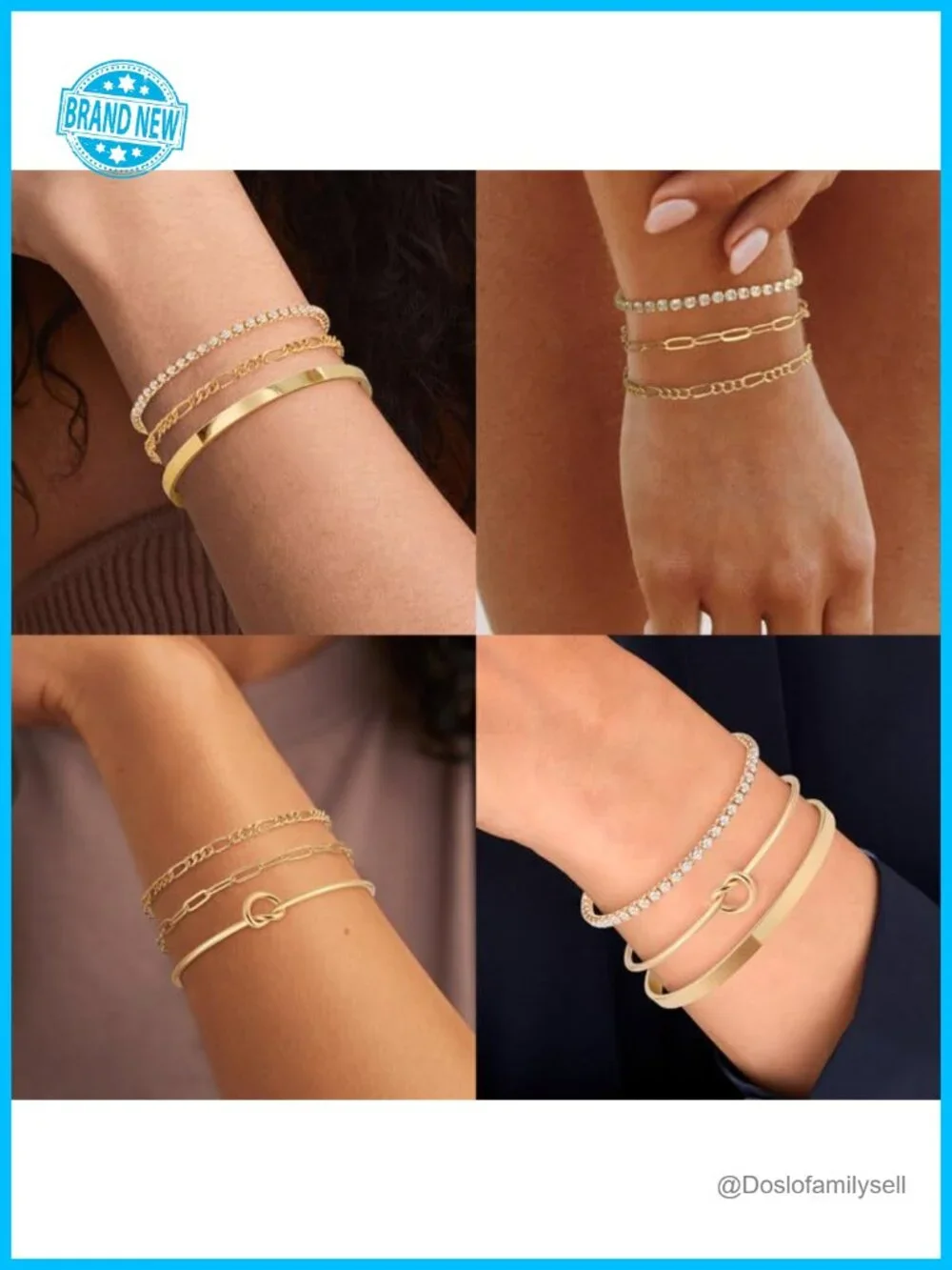 Gold Plated Stackable Cuff Bangle Bracelet Set with Extender Chain